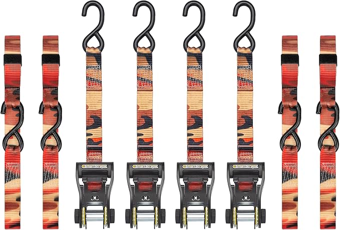 SmartStraps 14’ CamoX Ratchet Straps, 4 Pack – 3,000lbs Break Strength, 1,000lbs Safe Work Load – Premium Duty Tie Downs for Heavier Loads, Orange Camo Webbing
