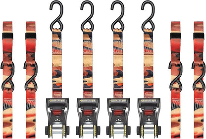 SmartStraps 14’ CamoX Ratchet Straps, 4 Pack – 3,000lbs Break Strength, 1,000lbs Safe Work Load – Premium Duty Tie Downs for Heavier Loads, Orange Camo Webbing
