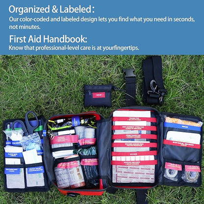 348-Piece Waterproof First Aid Kit- Comprehensive Trauma Kit for Marine/Boating/Camping/Hurricanes, Car & Home Emergency Medical Kits with Labeled Compartments, MOLLE System & CPR Kit