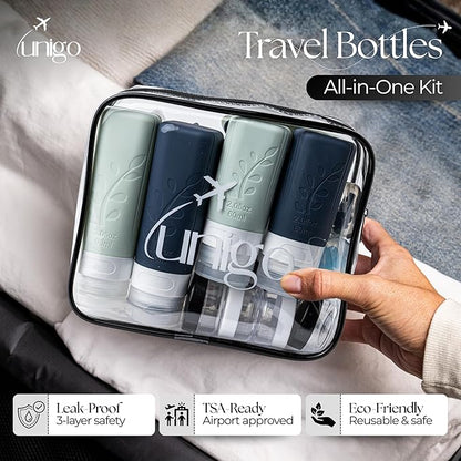 unigo 30pack Full Set TSA Approved Travel Bottles, Travel Size Containers for Toiletries, Refillable Leakproof Travel Shampoo and Conditioner Bottles,Toiletry Containers, Extra Sleeves (White,Black)