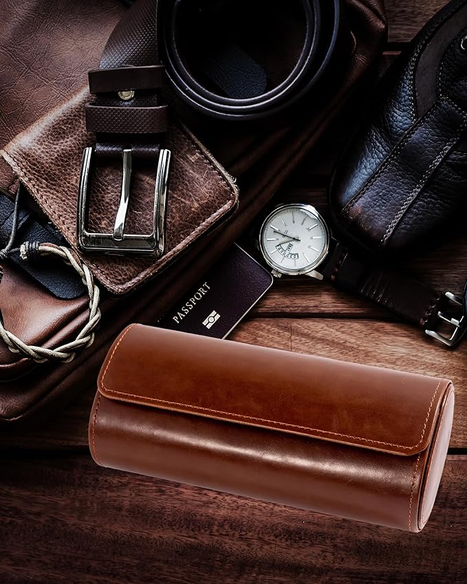 MR.OKAY 3 Watch Travel Case- Classic Leather Watch Case With Superb Texture.Portable Watch Roll Or Organizer For Storage And Display. Best Travel Gift for Men,All Handcrafted By Artisans.