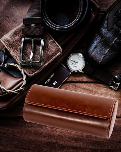 MR.OKAY 3 Watch Travel Case- Classic Leather Watch Case With Superb Texture.Portable Watch Roll Or Organizer For Storage And Display. Best Travel Gift for Men,All Handcrafted By Artisans.