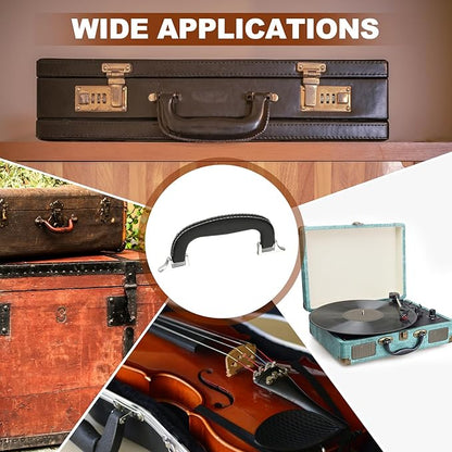 uxcell 2 Pcs PU Leather Luggage Handle, 0.9" Hole Distance Vintage U-Shape Replacement Strap Handle for Travel Handbag Guitar Musical Box Gift Boxes, Black/Silver