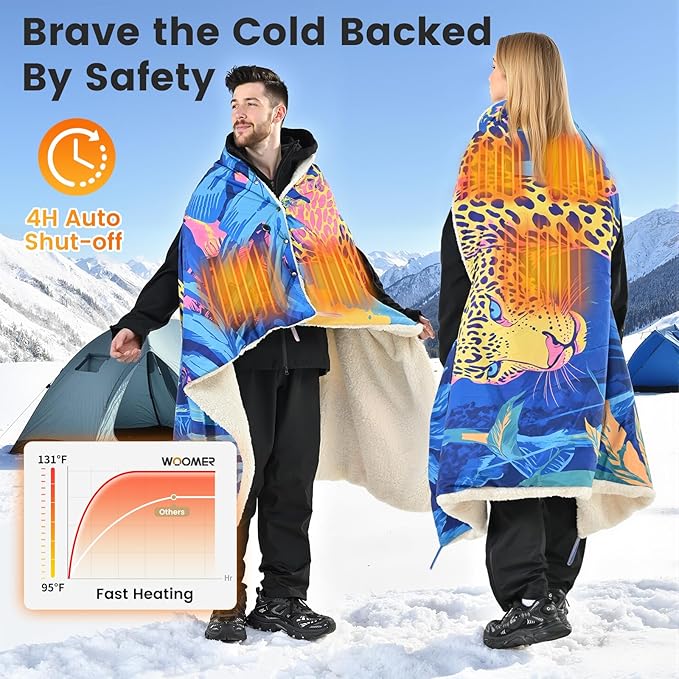 WOOMER Heated Blanket Battery Operated 50x70 Inches, 15000mAh Cordless Electric Blanket with 3 Heat Settings, Waterproof Portable Rechargeable Heating Blanket for Outdoor Camping Travel, Cheetah