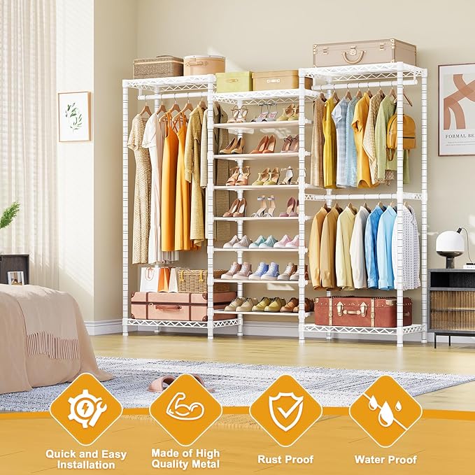 E16 Heavy Duty Clothing Rack（With 7-Tier Adjustable Shoe Rack） Freestanding Clothes Rack for Hanging Clothes，Metal Closet Storage Organizer Large Wardrobe，69'' W x 15.8'' D x 76.2'' H，White