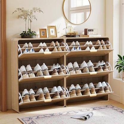 Hidden Shoe Cabinet with Drawer, Free Standing Narrow Shoe Rack Cabinet for Entryway Slim, 3 Flip Drawer Shoe Storage Organizer Cabinet for Entry,Hallway,Door,Dorm,Small Spaces - Natural