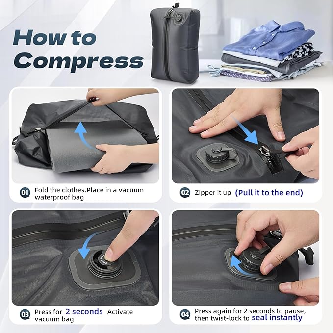 BBOM One-Touch Vacuum Storage Bags - Pump-Free with USB-C Charging, Waterproof Airtight Compression for Clothes, Bedding, Travel Gear - Space Saver for Suitcases, Hiking & Camping(Gray)