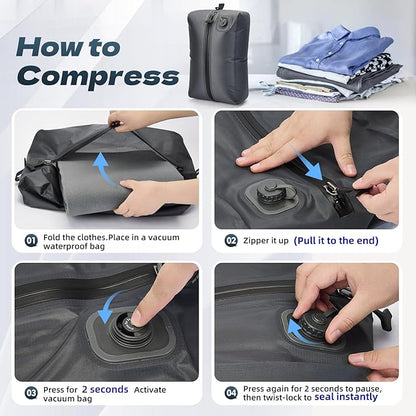 BBOM One-Touch Vacuum Storage Bags - Pump-Free with USB-C Charging, Waterproof Airtight Compression for Clothes, Bedding, Travel Gear - Space Saver for Suitcases, Hiking & Camping(Gray)