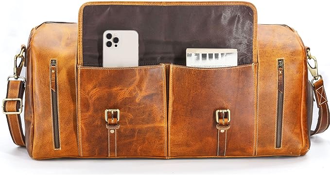 KomalC Leather Duffle Bags for Men and Women Travel Overnight Weekend sports bag holdall Gym Duffel for Men (Distressed Tan, 28 Inch)
