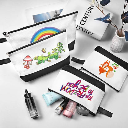 10 Pieces Cotton Canvas Makeup Bag with Bottom and Strap, Multi-Purpose Cosmetic Bag with Zipper Travel Toiletry Pouch, Blank DIY Craft Bag (White&Black, L)