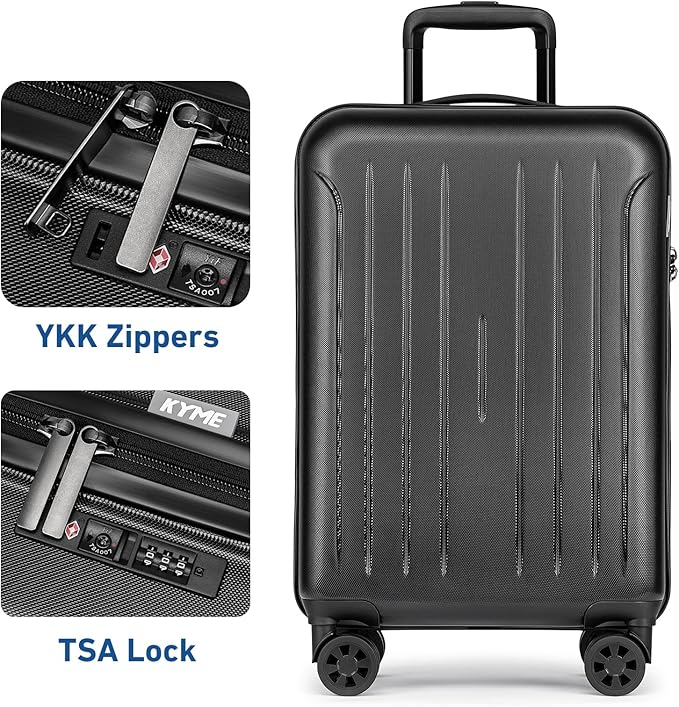 KYME Carry on luggage 22x14x9 Airline Approved Suitcase Hardshell With Double Spinner Wheels, PC+ABS TSA Lock Travel Luggage (Black, 20" Carry On)