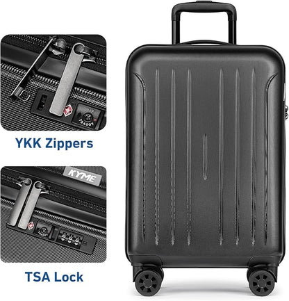 KYME Carry on luggage 22x14x9 Airline Approved Suitcase Hardshell With Double Spinner Wheels, PC+ABS TSA Lock Travel Luggage (Black, 20" Carry On)