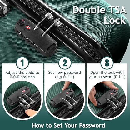 3 Piece Luggage Sets, Lightweight ABS Suitcase with 4 Spinner Wheels ＆ TSA Locks, Hardside Carry On Luggage Durable Suitcase Set for Family Travel Business - Dark Green, 20/24/28