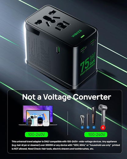 75W Tiny Universal Travel Adapter, GaN Fast Charging European Power Adapter with 5 Ports (1 AC, 1 USB-A, and 3 USB-C), Plug Adapter with Smart Chip for Over 200 Countries, PD&QC Charger
