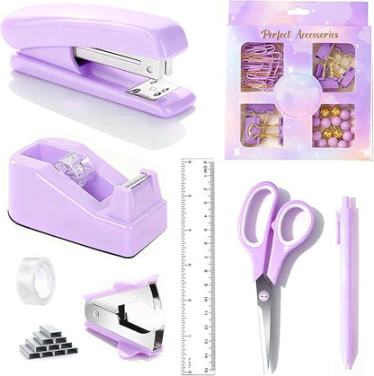 Purple Desk Accessories, Purple Office Supplies Accessories with Tape Dispenser, Stapler, Staple Remover, 1000 Staples, Tape, Clips Set, Ruler, Scissor, Pen