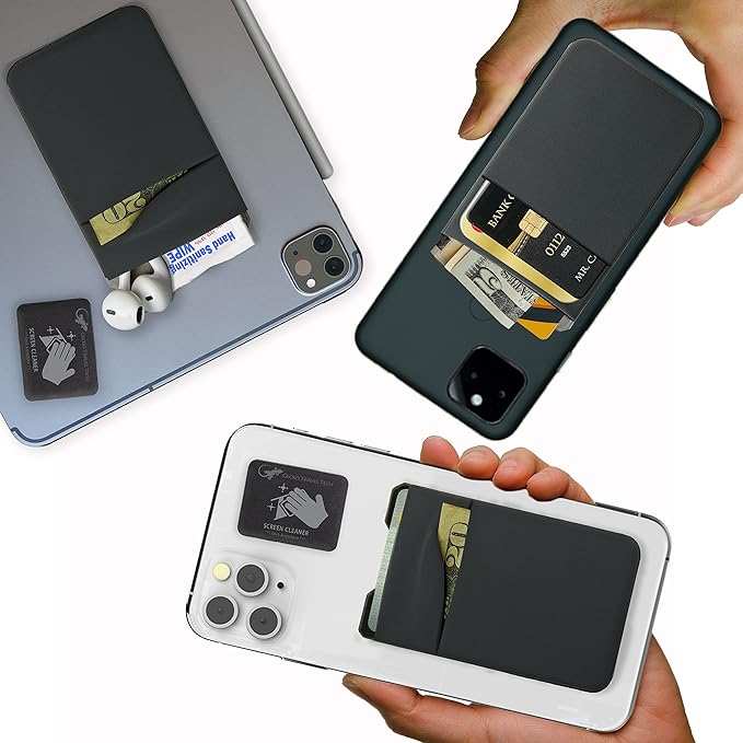 Gecko Travel Tech Double Pocket - Adhesive Card Holder - Cell Phone Pouch - Stick on Spandex Pocket - Carry Credit Cards and Cash (GRAY-BLANK-)