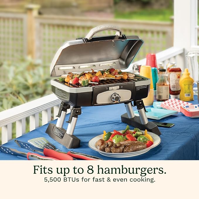 Cuisinart Petite Gourmet Portable Gas Grill, Compact Portable Grill Propane, 150 Sq. In. Cooking Surface, 5,500 BTU Burner Small Gas Grills for Camping, BBQ, Folding Legs and Carry Handles, Stainless