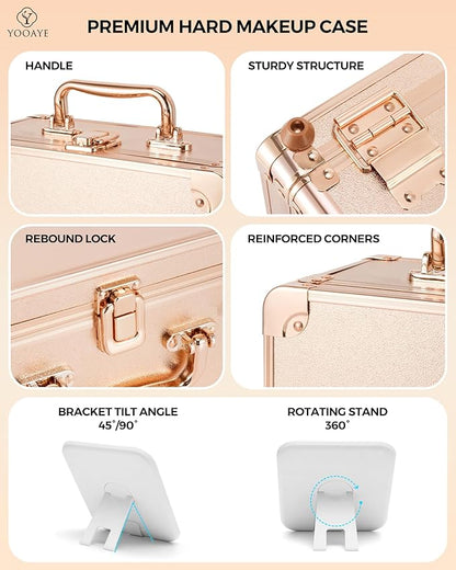 Makeup Box with Detachable Lighted Mirror–Travel Train Case, Cosmetic Storage Organizer & Makeup Suitcase with Adjustable Dividers & Magnetic LED Mirror (Rose Gold)