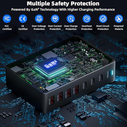320W Fast Charging 8 Port USB C Charger Block, Multi-Device USB Charging Station Wall Desktop Charger with GaN Ⅲ Technology, USB-C Charger Adapter for MacBook/iPad/iPhone 16/Samsung Galaxy/DELL/HP