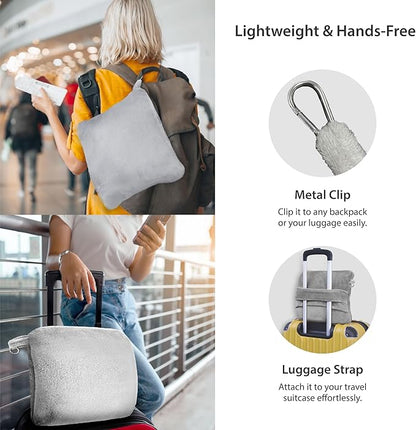 DEZ FURNISHINGS 4-in-1 Travel Compact Blanket Pillow Super Soft Velvet with Luggage Sleeve and Backpack Clip, Gray, 60" x 45"