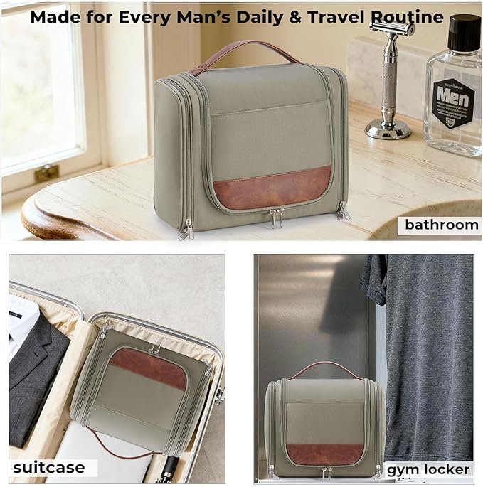 Large Hanging Toiletry Bag for Men, Travel Bathroom Bag with Hook, Hygiene Bag Organizer for Shower, Shaving & Grooming Essentials, Green