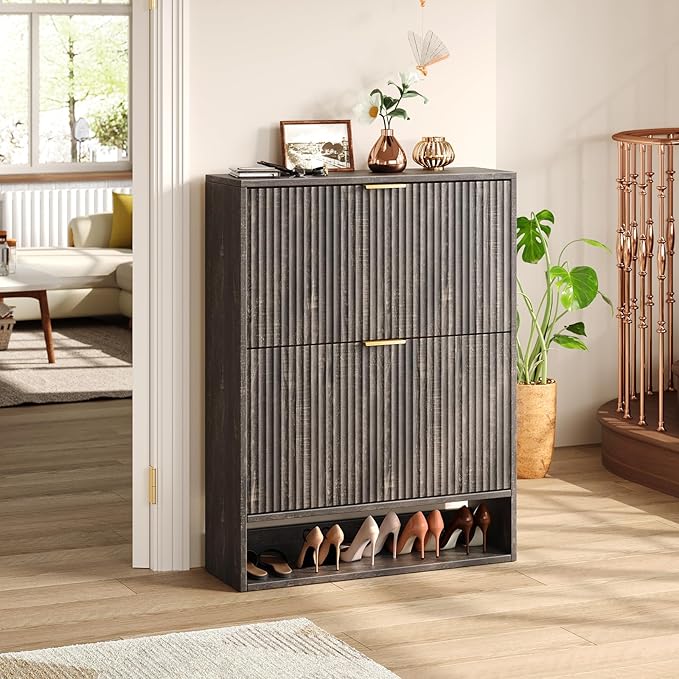 31.5''W Black Shoe Storage Cabinet for Entryway with 2 Flip Drawers, Fluted Slim Shoe Cabinet, Free Standing Wooden Shoes Organizer for Foyer, Hallway