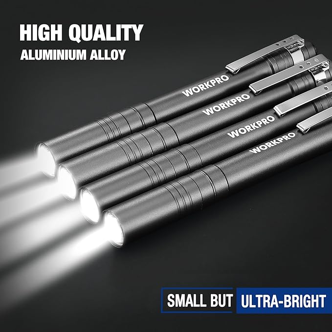 WORKPRO LED Pen Light, Aluminum Pen Flashlights, Pocket Flashlight with Clip for Inspection, Emergency, Everyday, 2AAA Batteries Include, Gray(4-Pack)