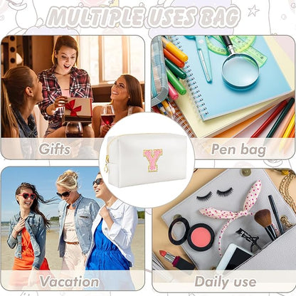 Initial Makeup Bag Personalized Preppy Travel Small Cosmetic Bag Cute PU White Chenille Letter Makeup Pouch for Purse Waterproof Zippered Toiletry Organizer for Women Girls Kids Friends (Y)