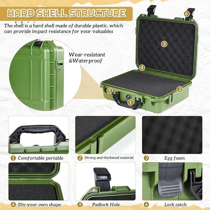1 Pcs 14.3 x 11.4 x 4.5 Inch Waterproof Hard Case with DIY Customizable Foam Insert Portable Protective Case with Knife for Camera Drones Equipments Tools Test Instruments (Green)