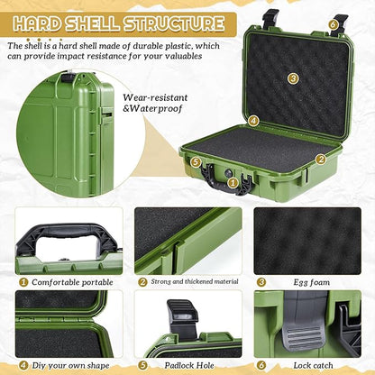 1 Pcs 14.3 x 11.4 x 4.5 Inch Waterproof Hard Case with DIY Customizable Foam Insert Portable Protective Case with Knife for Camera Drones Equipments Tools Test Instruments (Green)
