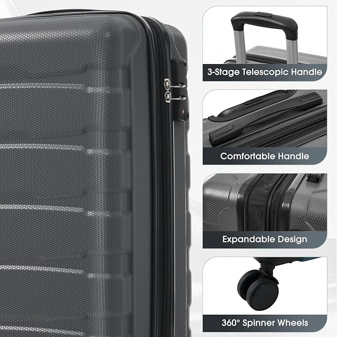 Hardshell Checked Luggage with Spinner Wheels, Expandable ABS Suitcase with TSA Lock, Travel Luggage with Telescopic Handle (Gray, 20 Inch)
