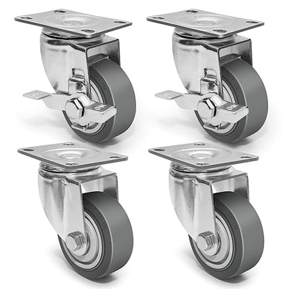3 Inch Caster Wheels - Set of 4 Heavy Duty Rubber Castors With Brake 1200Lbs, Silent Industrial Plate Casters for Cart Furniture Workbench (2 Brake & 2 Swivel)
