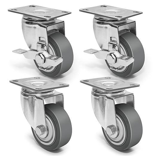 3 Inch Caster Wheels - Set of 4 Heavy Duty Rubber Castors With Brake 1200Lbs, Silent Industrial Plate Casters for Cart Furniture Workbench (2 Brake & 2 Swivel)