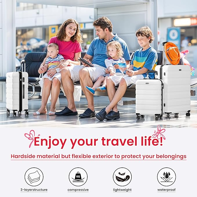 AnyZip Luggage Sets 3 Piece Hardshell Suitcase Set PC ABS Lightweight Travel Suitcases with 4 Double Spinner Wheels TSA Lock 20 24 28 Inch White