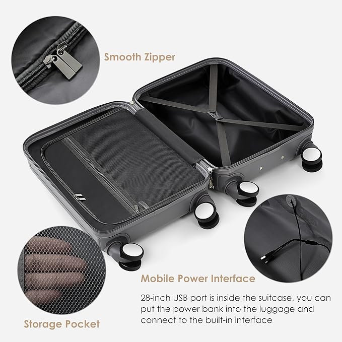 Merax Luggage Set of 3, 20, 24, 28inch with USB Port, 20, 24inch with front opening design with Cup Holder, ABS Hard Shell Luggage with Spinner Wheels, ABS+grey blue