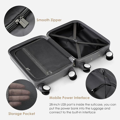 Merax Luggage Set of 3, 20, 24, 28inch with USB Port, 20, 24inch with front opening design with Cup Holder, ABS Hard Shell Luggage with Spinner Wheels, ABS+grey blue