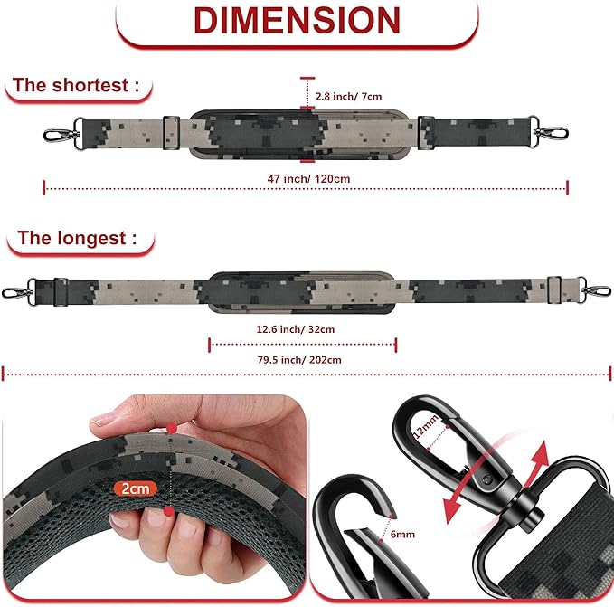 ZINZ 79.5" Universal Strap with Ultra-Thick Fixed Breathable Pad - Adjustable Heavy-Duty Shoulder Strap for Laptop, Crossbody, Luggage, Gym, Camera Bag and More,Camouflage Gray