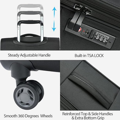 KROSER Softside Expandable Carry On Luggage with Front Business Pockets，20 Inch Suitcases with Spinner Wheels & Built-in TSA Lock, Durable Suitcase Rolling Luggage with USB Port, Black