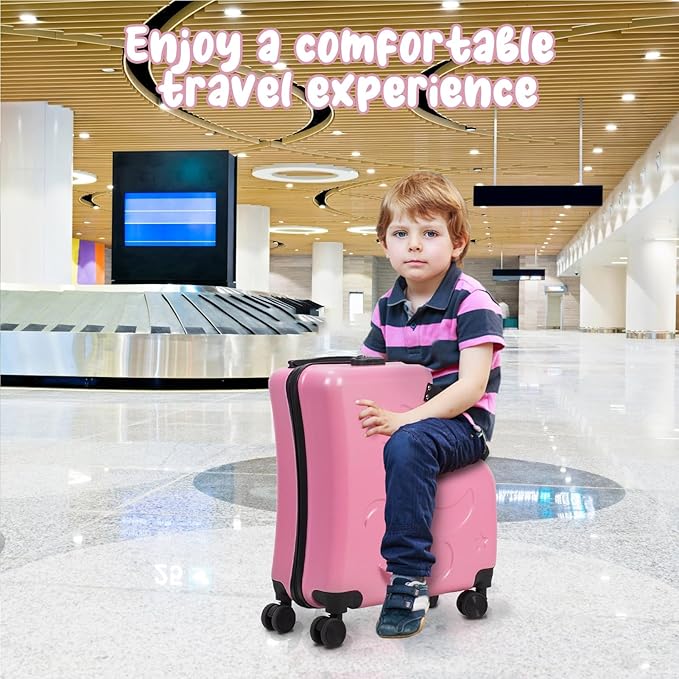 4-Wheel Carry On Luggage with Seat for Kids with Seat and Safety Belt, Large Capacity Hard Shell Suitcase Durable Rolling Luggage 4 Spinner Wheels, Waterproof Pocket, Adjustable Handle Pink