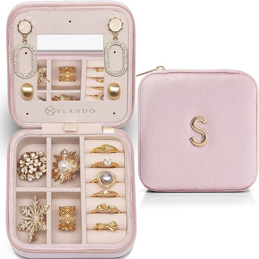 Vlando Christmas Gifts, Travel Jewelry Organizer, Necklace Organizer Earrings Ring Organizer, Travel Wedding Gifts for Women Travel Essentials - Letter S, Pink