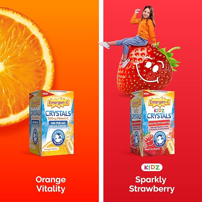 Emergen-C Crystals, On-the-Go Emergen-C Immune Support Supplement with Vitamin C, B Vitamins, Zinc and Manganese, Orange Vitality - 56 Stick Packs
