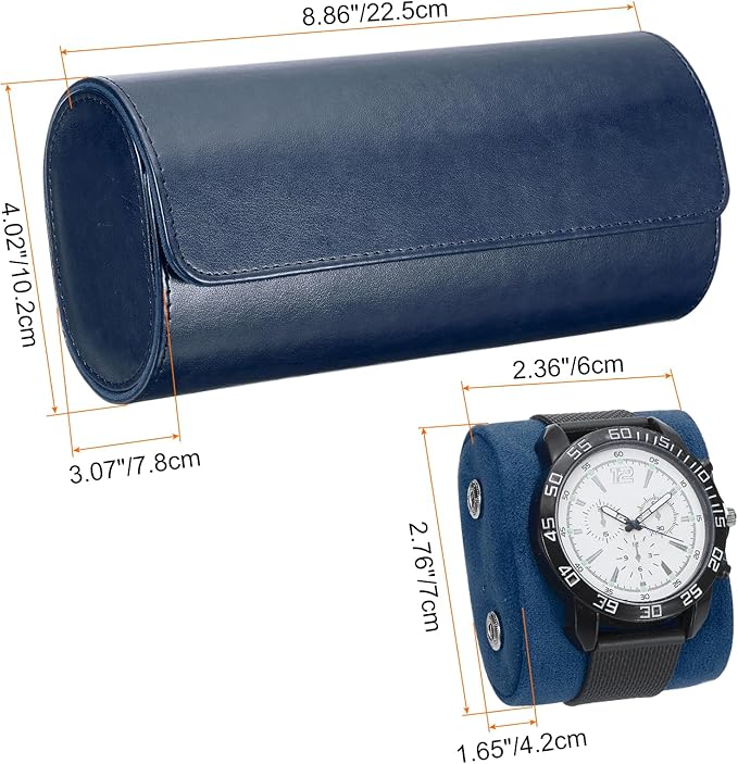 HARFINGTON Watch Roll Travel Case 3 Slot Portable Leather Watch Case for Men and Women, Watches Storage Organizer with Removable Pillows for Traveling, Display, Home Storage, Blue