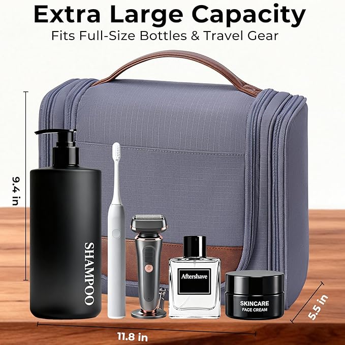 Large Hanging Toiletry Bag for Men, Travel Bathroom Bag with Hook, Hygiene Bag Organizer for Shower, Shaving & Grooming Essentials, Gray