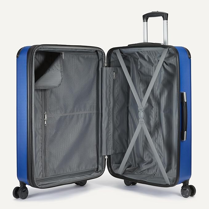 Amazon Basics 4-Piece Luggage Set, Including Two Hardside Suitcases With Multidirectional Spinner Wheels (22" Carry-On and 28" Checked), Plus 15-inch Tote Bag and 10-inch Compact Travel Bag, Navy Blue