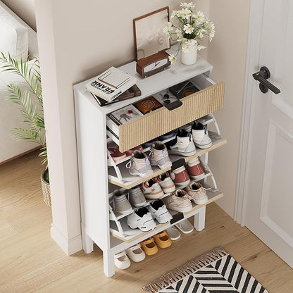 GAOMON Shoe Cabinet with 2 Flip Drawers, Entryway Cabinet with Adjustable Shelves, Accommodate 8 to 12 Pair of Shoes, Space-Saving Slim Shoe Cabinet for Entryway, Hallway, Front Door, White Oak