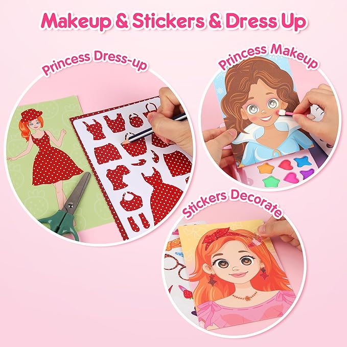 Mocoosy Princess Makeup Art Craft Kit for Girls, Foil Crafts & Gem Painting, Paper Doll Makeup Activity Kit for Kids Ages 4-8, Dress Up Sticker Books, Travel Toys Birthday Gift 5 6 7 8 9 Years Old