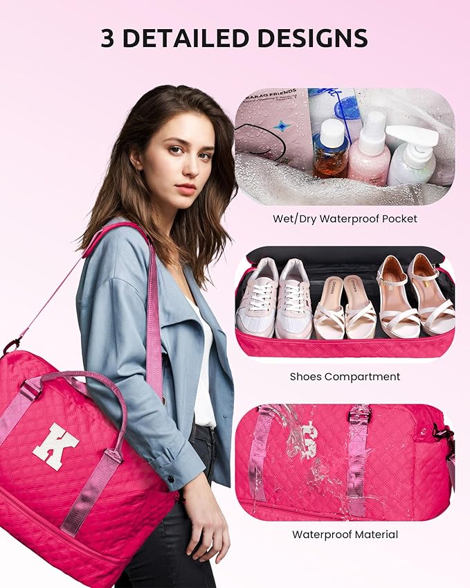 Personalized Women's Initial Travel Bag with Shoe Compartment, Hot Pink, K