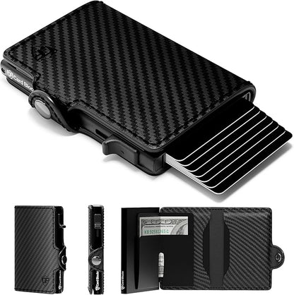 Card Blocr Pop Up Credit Card Wallet, RFID Blocking Credit Card Holder for men, Cool Wallets for Men in Carbon Wallet Design, Compact Card Holder Wallet for Secure Storage (Black PU Carbon Fiber)