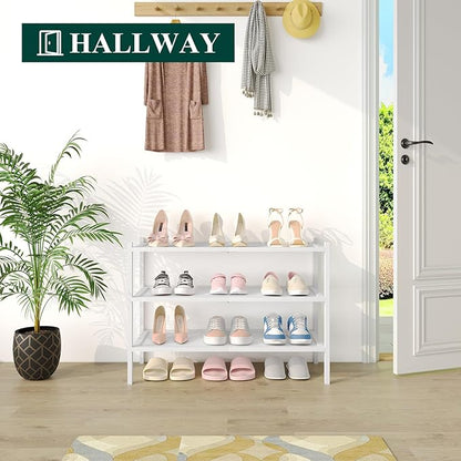 Smiry Bamboo Shoe Rack, 3 Tier Shoe Organizer for Entryway & Closet, Stackable Free Standing Storage Shelf for Shoes, Bags & Plants, White