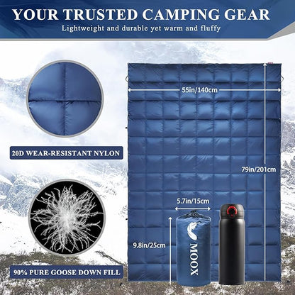 MOOX Down Camping Blanket Packable Backpacking Camping Quilt Outdoor Lightweight Warm Water Resistant Puffy Sleeping Bag Travel Hiking 55"x79" Waterproof Camp Throw Blanket, Blue Gray